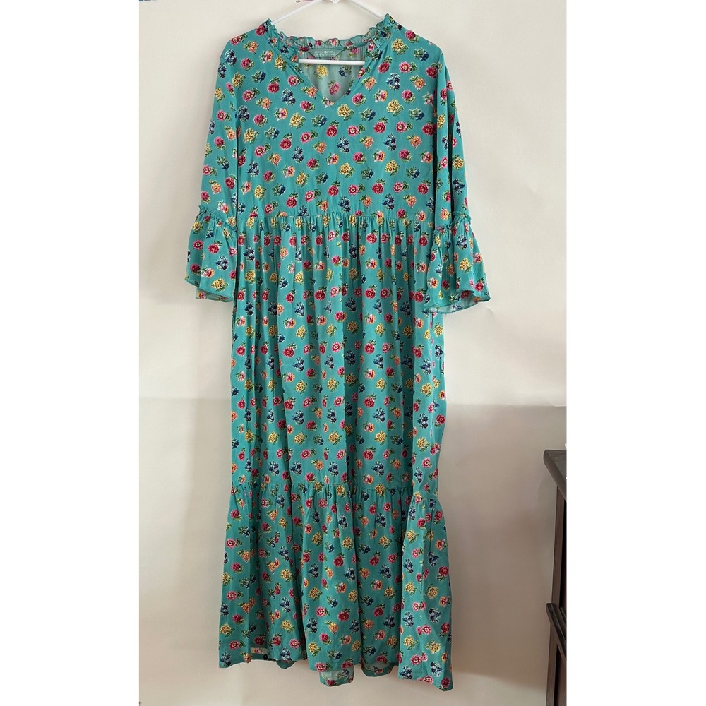 April Cornell Teal Floral Rayon Maxi Dress Womens M Boho Ruffle Tiered V-Neck